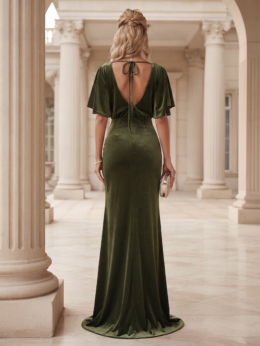 Sheath/Column Scoop Short Sleeves Velvet Floor-Length Formal Dresseswith Ruffles & Split Side