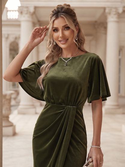 Sheath/Column Scoop Short Sleeves Velvet Floor-Length Formal Dresseswith Ruffles & Split Side