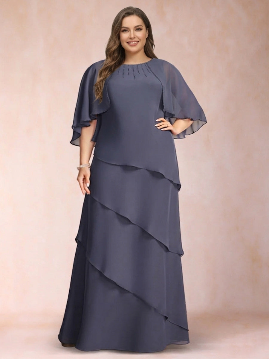 A-Line/Princess Scoop Half Sleeves Plus Size Mother of the Bride Dresses with Ruffles & Beading