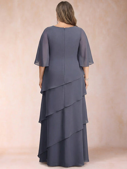A-Line/Princess Scoop Half Sleeves Plus Size Mother of the Bride Dresses with Ruffles & Beading
