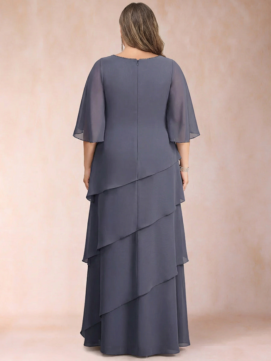 A-Line/Princess Scoop Half Sleeves Plus Size Mother of the Bride Dresses with Ruffles & Beading