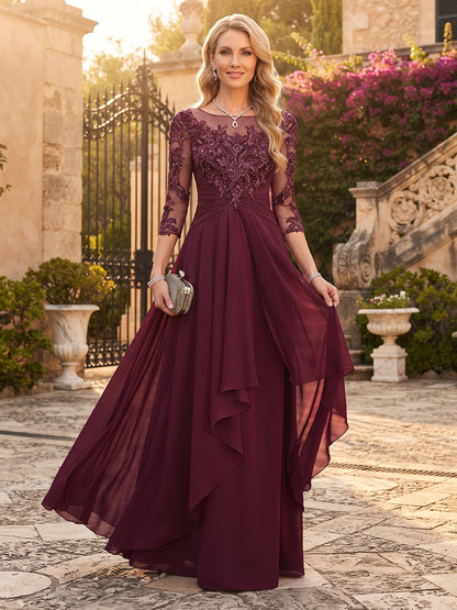 A-Line/Princess Chiffon Scoop 3/4 Sleeves Mother of the Bride Dresses with Appliques & Ruffles