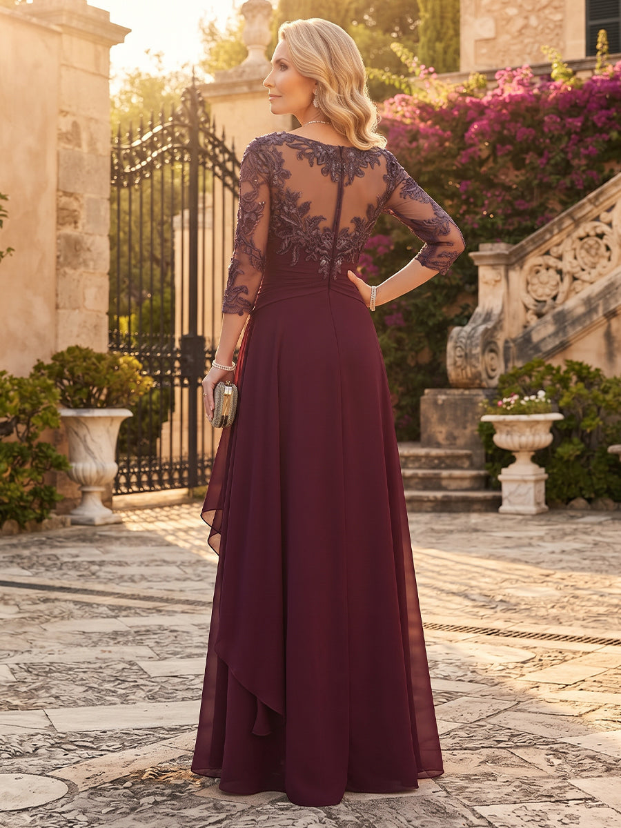 A-Line/Princess Chiffon Scoop 3/4 Sleeves Mother of the Bride Dresses with Appliques & Ruffles