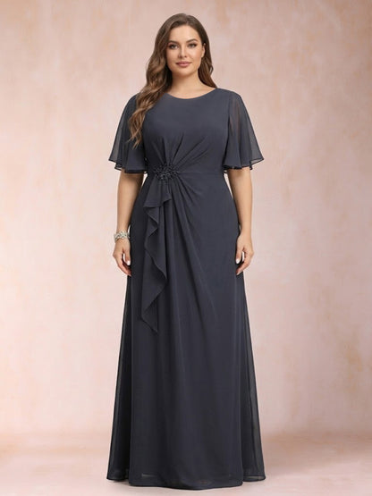 A-Line/Princess Scoop Black Chiffon Plus Size Mother of the Bride Dresses with Appliques & Ruffles
