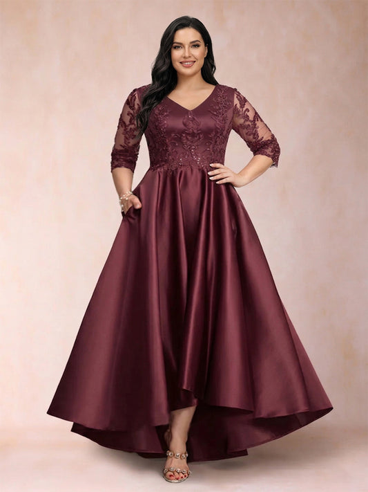 A-Line/Princess V-Neck 3/4 Sleeves Asymmetrical Plus Size Mother of the Bride Dresses with Appliques