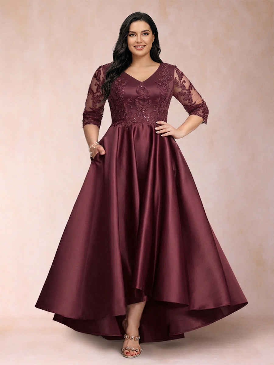 A-Line/Princess V-Neck 3/4 Sleeves Asymmetrical Plus Size Mother of the Bride Dresses with Appliques