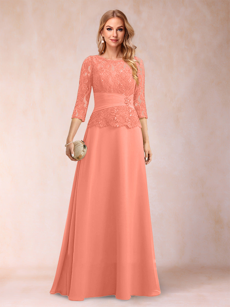 Sparkly A-Line/Princess Scoop Ruched Mother of the Bride Dresses with Appliques & Rhinestone