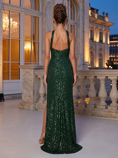 Sheath/Column Halter Sequin Floor-Length Evening Dresses with Split Side & Keyhole