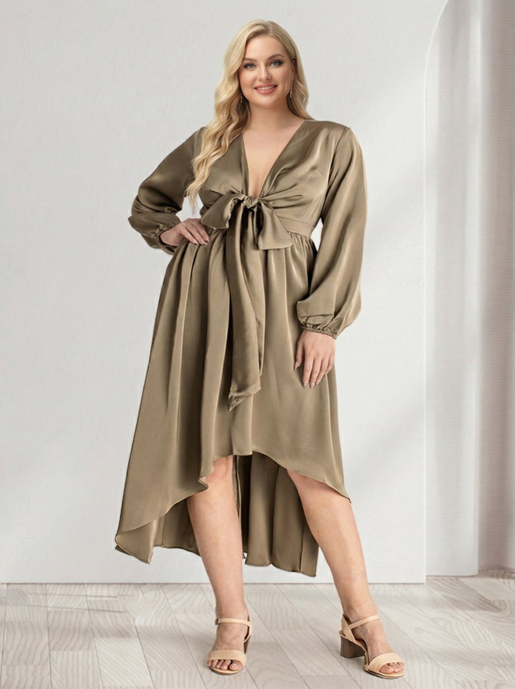 A-Line/Princess Plunging V-Neck Long Sleeves Wrap Plus Size Bridesmaid Dresses