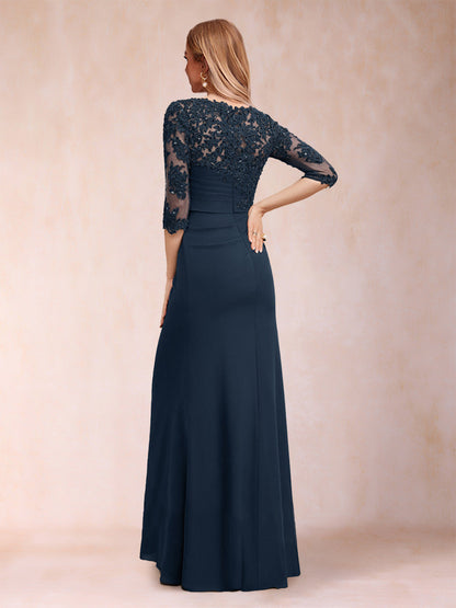 Sheath/Column Scoop 3/4 Sleeves Ruched Mother of the Bride Dresses with Applique