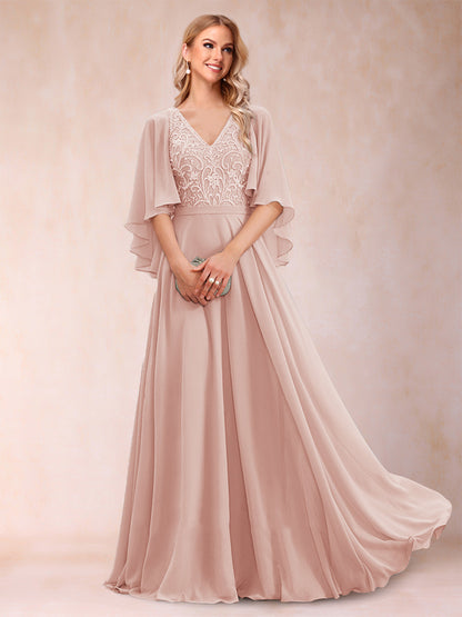 A-Line/Princess V-Neck Half Sleeves Mother of the Bride Dresses with Applique