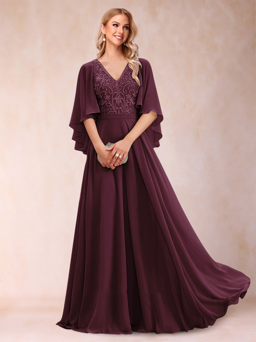 A-Line/Princess V-Neck Half Sleeves Mother of the Bride Dresses with Applique