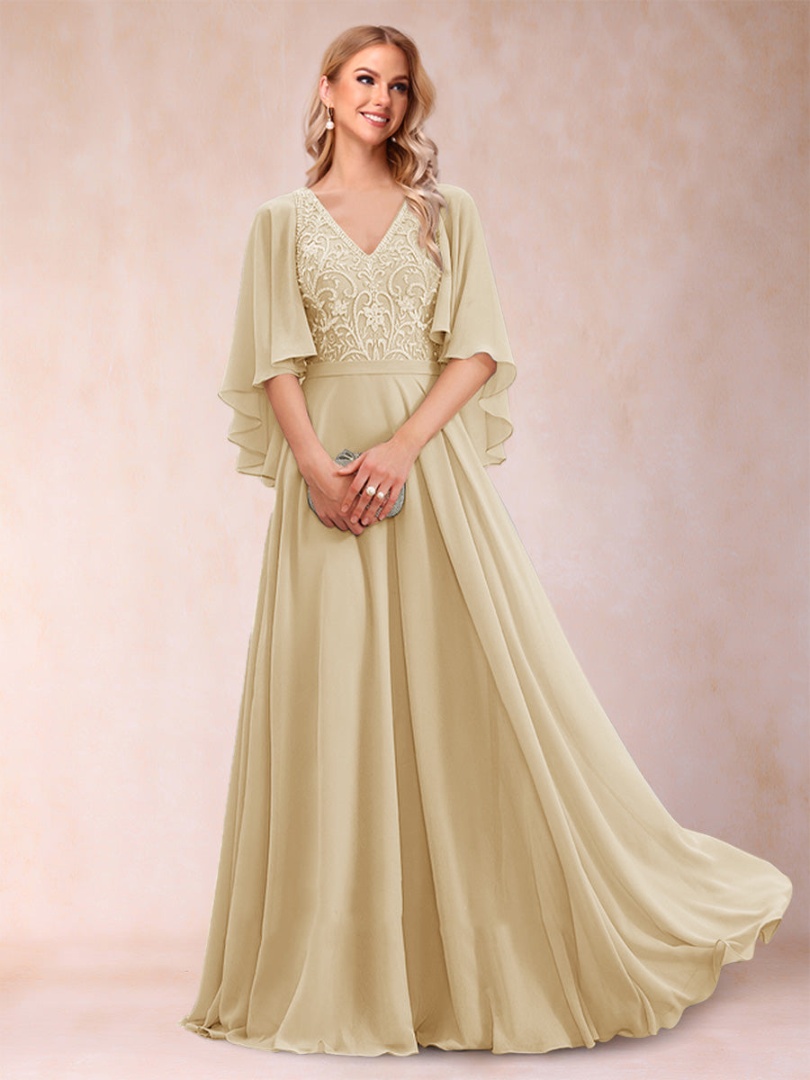 A-Line/Princess V-Neck Half Sleeves Mother of the Bride Dresses with Applique