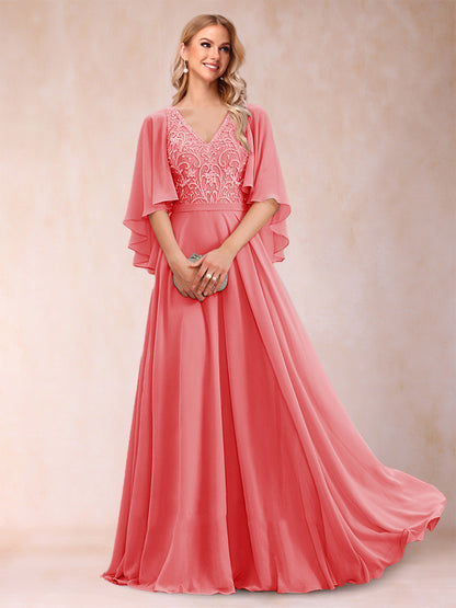 A-Line/Princess V-Neck Half Sleeves Mother of the Bride Dresses with Applique