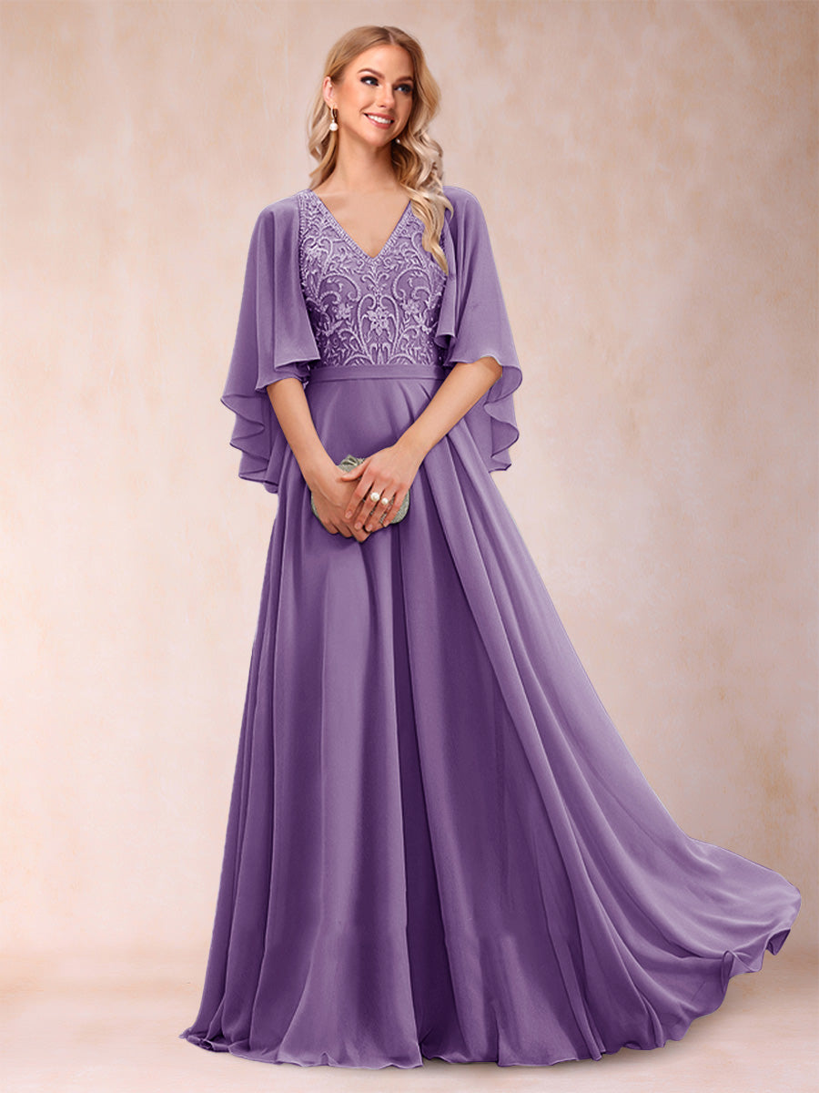 A-Line/Princess V-Neck Half Sleeves Mother of the Bride Dresses with Applique
