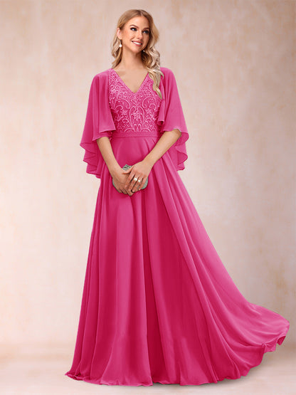 A-Line/Princess V-Neck Half Sleeves Mother of the Bride Dresses with Applique