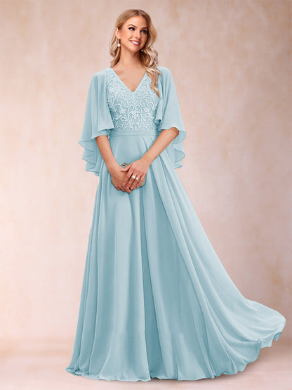 A-Line/Princess V-Neck Half Sleeves Mother of the Bride Dresses with Applique