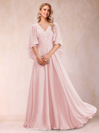 A-Line/Princess V-Neck Half Sleeves Mother of the Bride Dresses with Applique