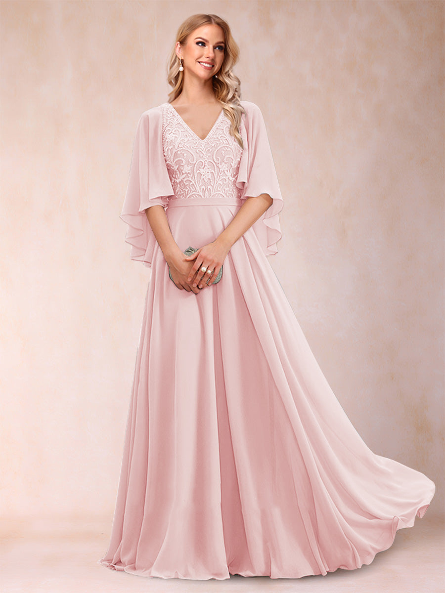 A-Line/Princess V-Neck Half Sleeves Mother of the Bride Dresses with Applique