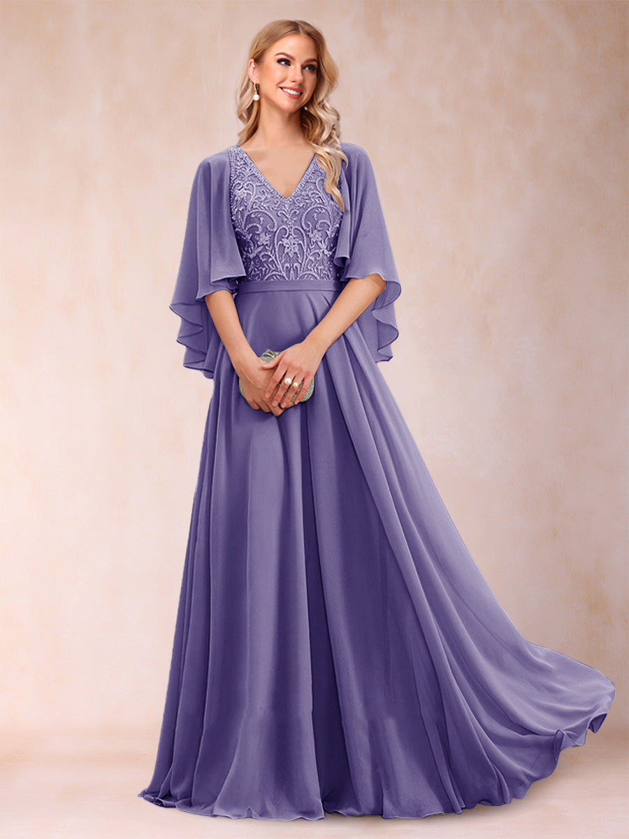 A-Line/Princess V-Neck Half Sleeves Mother of the Bride Dresses with Applique