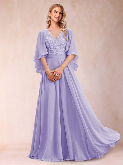 A-Line/Princess V-Neck Half Sleeves Mother of the Bride Dresses with Applique