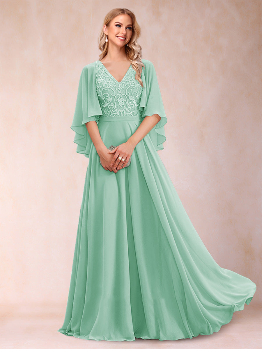 A-Line/Princess V-Neck Half Sleeves Mother of the Bride Dresses with Applique