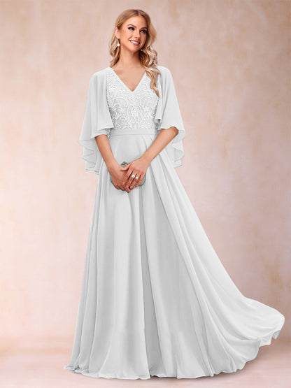 A-Line/Princess V-Neck Half Sleeves Mother of the Bride Dresses with Applique