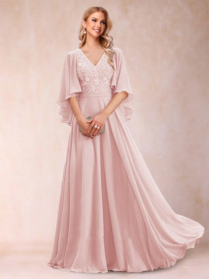 A-Line/Princess V-Neck Half Sleeves Mother of the Bride Dresses with Applique
