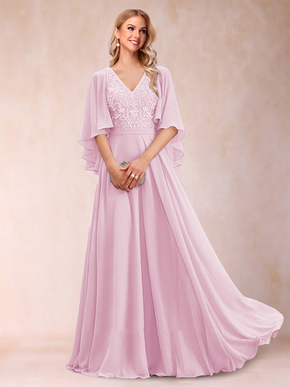 A-Line/Princess V-Neck Half Sleeves Mother of the Bride Dresses with Applique