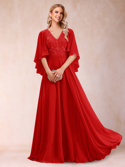 A-Line/Princess V-Neck Half Sleeves Mother of the Bride Dresses with Applique