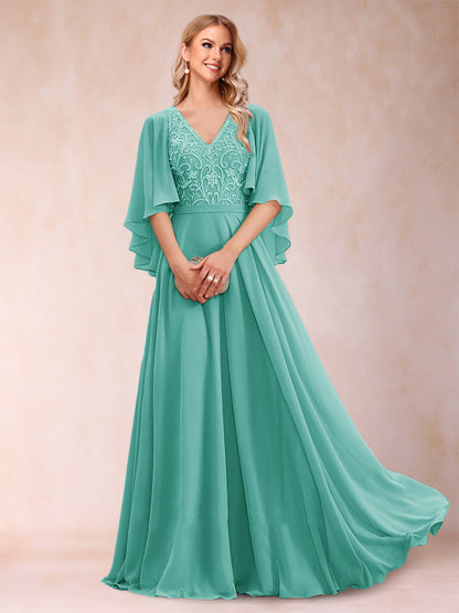 A-Line/Princess V-Neck Half Sleeves Mother of the Bride Dresses with Applique