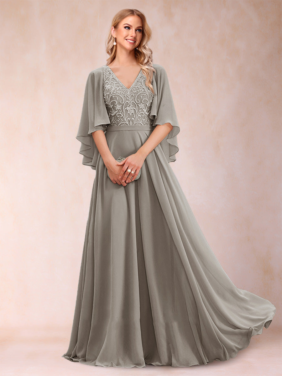 A-Line/Princess V-Neck Half Sleeves Mother of the Bride Dresses with Applique