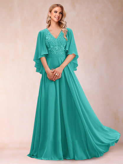 A-Line/Princess V-Neck Half Sleeves Mother of the Bride Dresses with Applique