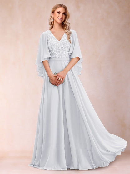 A-Line/Princess V-Neck Half Sleeves Mother of the Bride Dresses with Applique