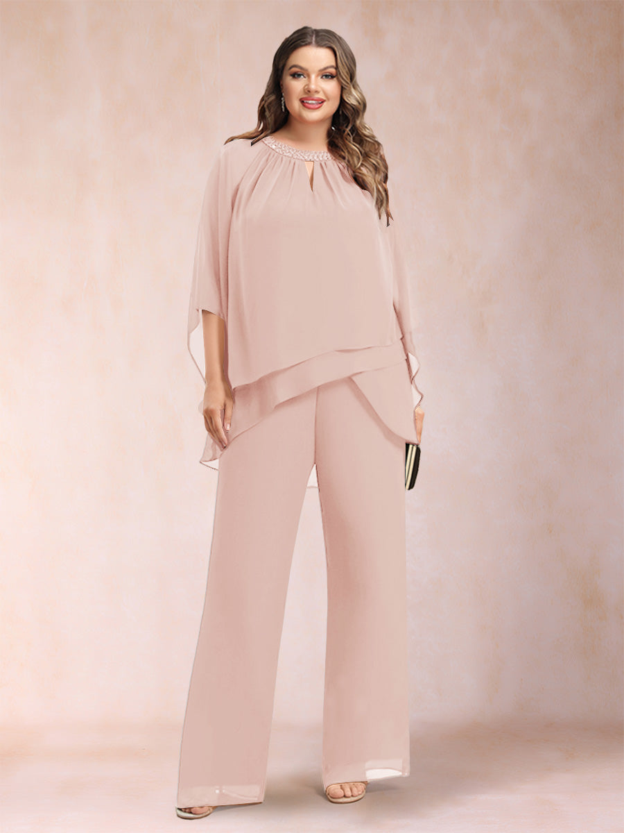 Chiffon Scoop 3/4 Sleeves 2 Pieces Plus Size Pantsuits with Rhinestone & Hollow