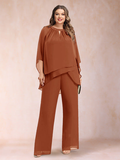 Chiffon Scoop 3/4 Sleeves 2 Pieces Plus Size Pantsuits with Rhinestone & Hollow