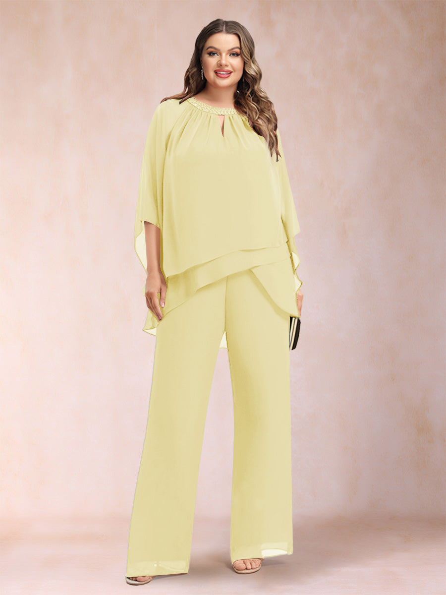 Chiffon Scoop 3/4 Sleeves 2 Pieces Plus Size Pantsuits with Rhinestone & Hollow