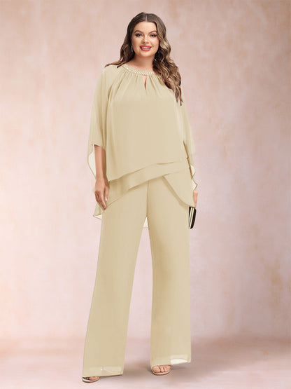 Chiffon Scoop 3/4 Sleeves 2 Pieces Plus Size Pantsuits with Rhinestone & Hollow