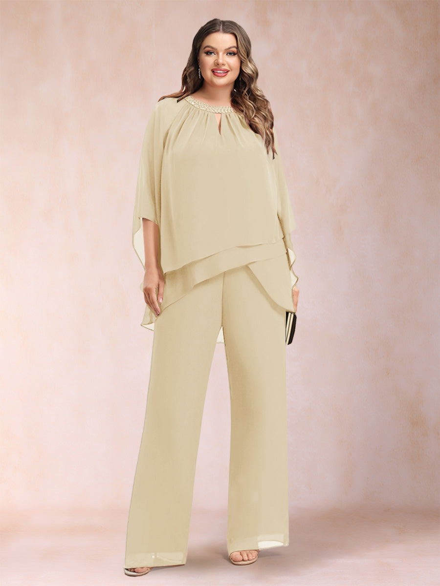 Chiffon Scoop 3/4 Sleeves 2 Pieces Plus Size Pantsuits with Rhinestone & Hollow