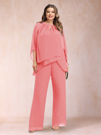 Chiffon Scoop 3/4 Sleeves 2 Pieces Plus Size Pantsuits with Rhinestone & Hollow