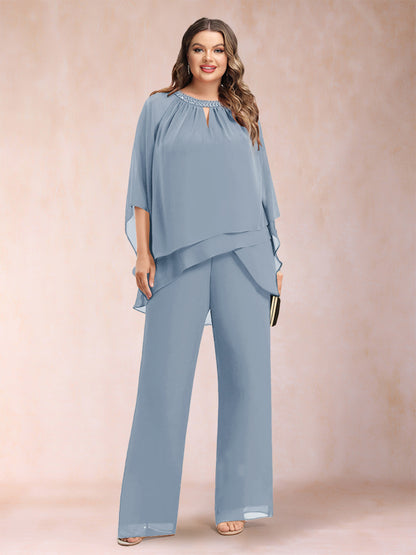 Chiffon Scoop 3/4 Sleeves 2 Pieces Plus Size Pantsuits with Rhinestone & Hollow