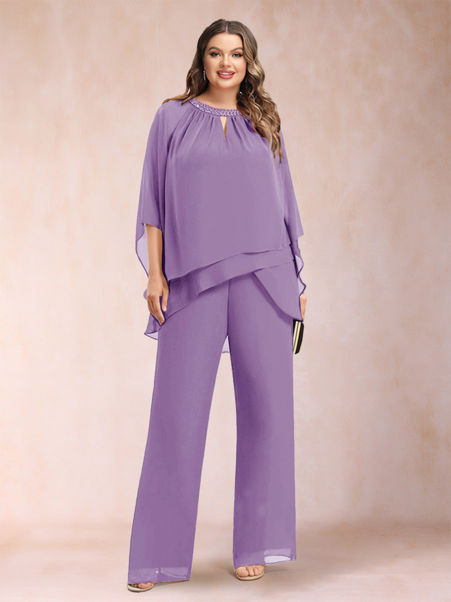 Chiffon Scoop 3/4 Sleeves 2 Pieces Plus Size Pantsuits with Rhinestone & Hollow