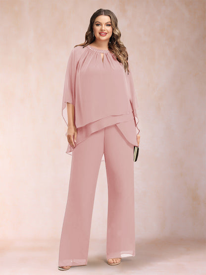 Chiffon Scoop 3/4 Sleeves 2 Pieces Plus Size Pantsuits with Rhinestone & Hollow