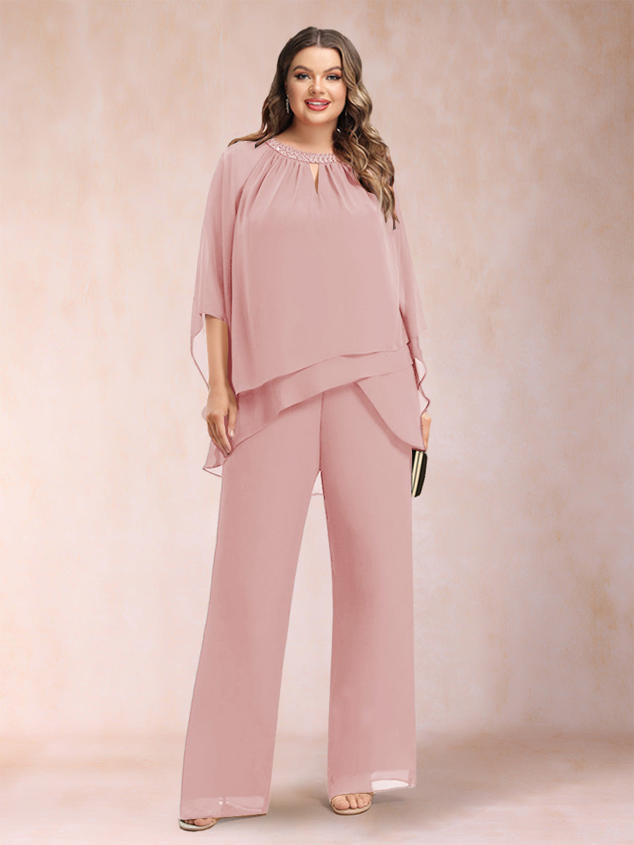 Chiffon Scoop 3/4 Sleeves 2 Pieces Plus Size Pantsuits with Rhinestone & Hollow