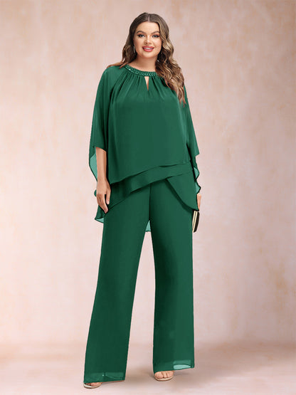 Chiffon Scoop 3/4 Sleeves 2 Pieces Plus Size Pantsuits with Rhinestone & Hollow