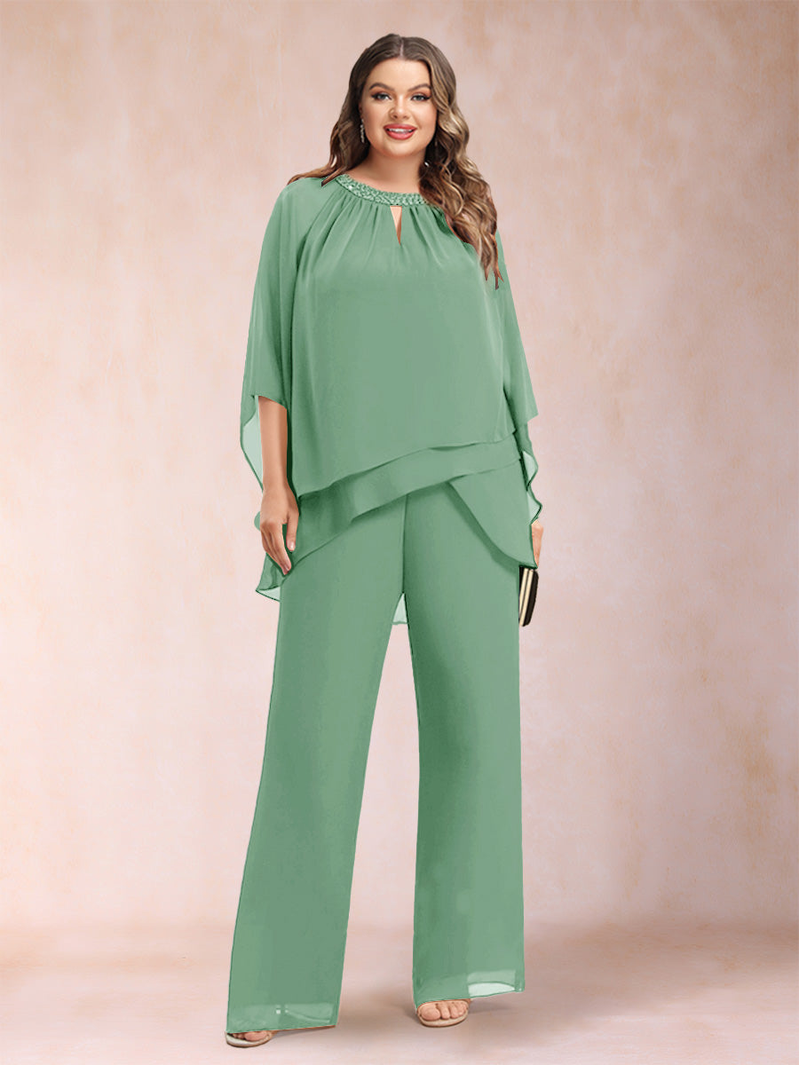 Chiffon Scoop 3/4 Sleeves 2 Pieces Plus Size Pantsuits with Rhinestone & Hollow