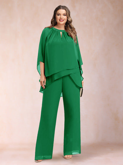 Chiffon Scoop 3/4 Sleeves 2 Pieces Plus Size Pantsuits with Rhinestone & Hollow
