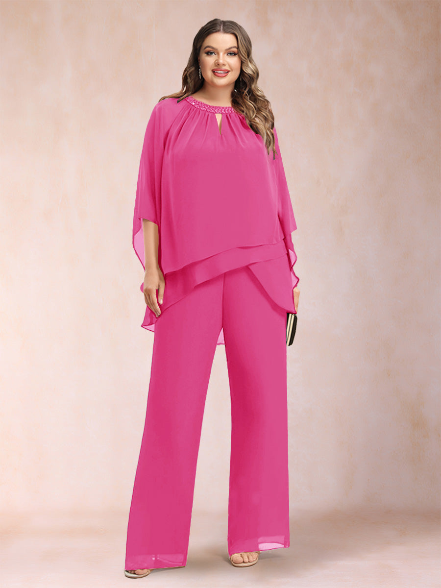 Chiffon Scoop 3/4 Sleeves 2 Pieces Plus Size Pantsuits with Rhinestone & Hollow