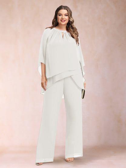 Chiffon Scoop 3/4 Sleeves 2 Pieces Plus Size Pantsuits with Rhinestone & Hollow