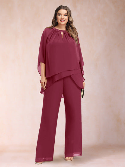 Chiffon Scoop 3/4 Sleeves 2 Pieces Plus Size Pantsuits with Rhinestone & Hollow